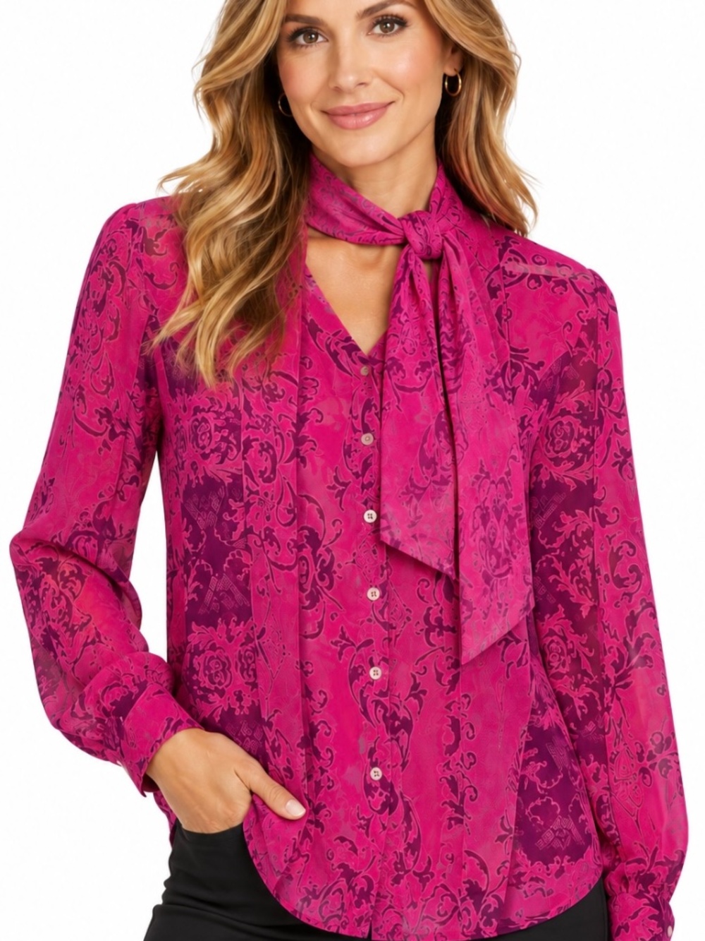CAbi semi sheer pink, Baroque blouse with scarf.